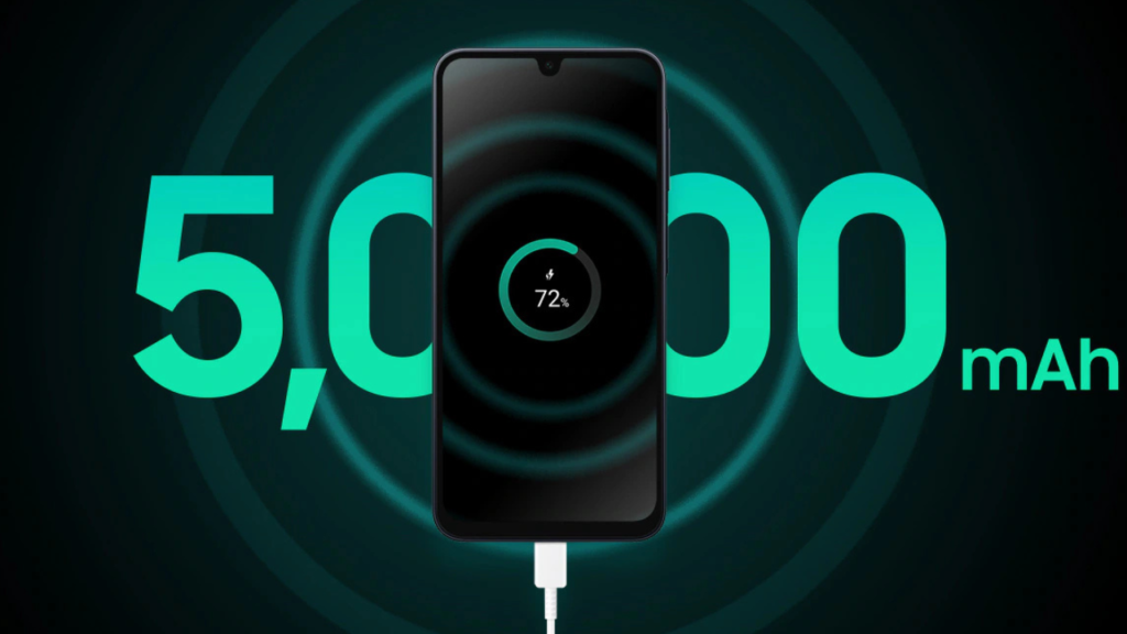 Galaxy A16 5G destacando bateria de 5.000 mAh com foco em longa autonomia